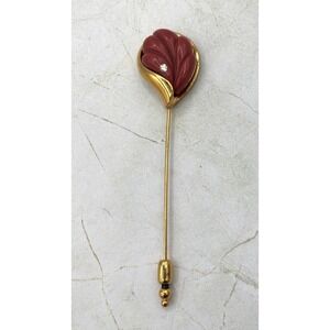 Givenchy 1980 Vintage Signed Stick Pin Brooch Red Lucite Gold Tone Rhinestone
